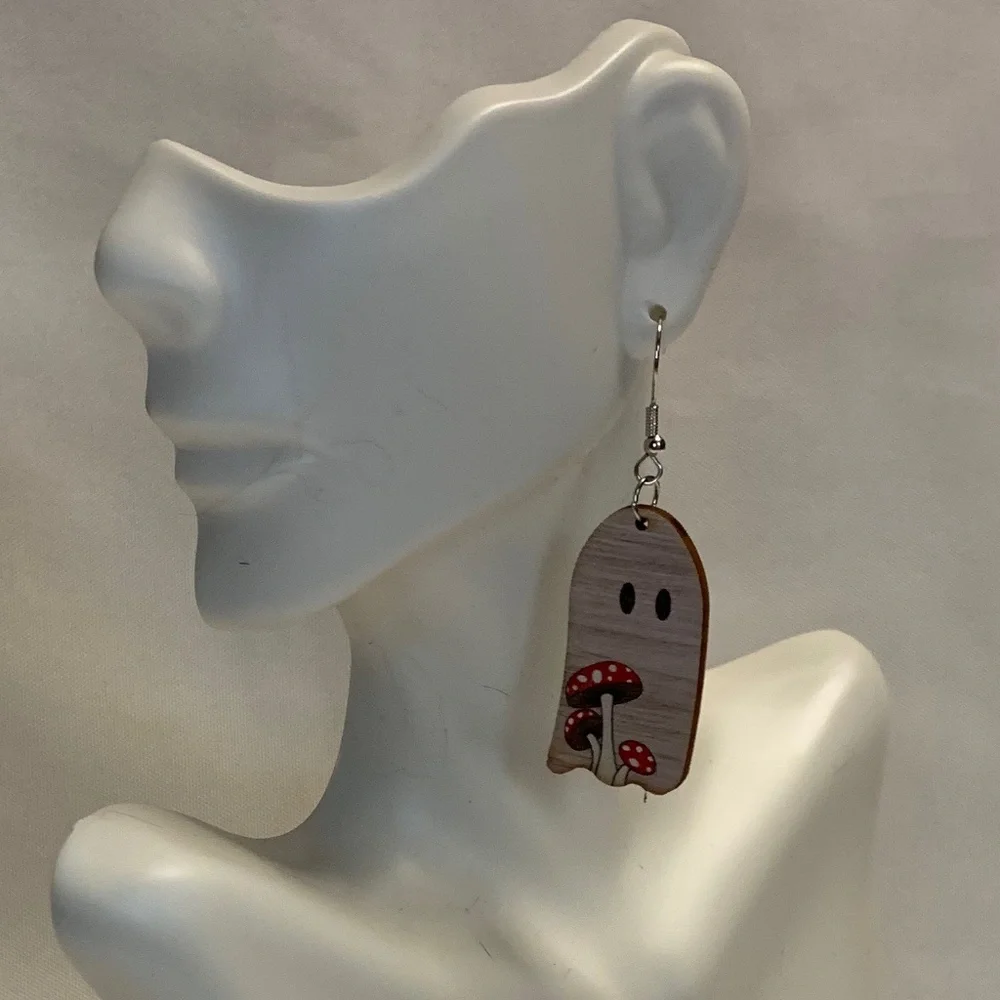 NWT! Sweet and Simple Wooden Ghost Dangle Earrings with Mushrooms!